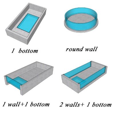 Disegno piscina esterna con Aupool sospeso 90 mm e 100 mm spessore pannello acrilico