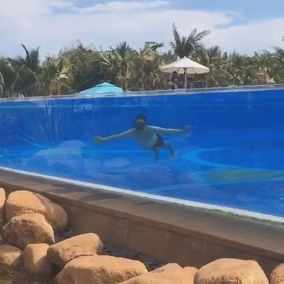 Piscina esterna con 4 lati trasparenti e materiale acrilico